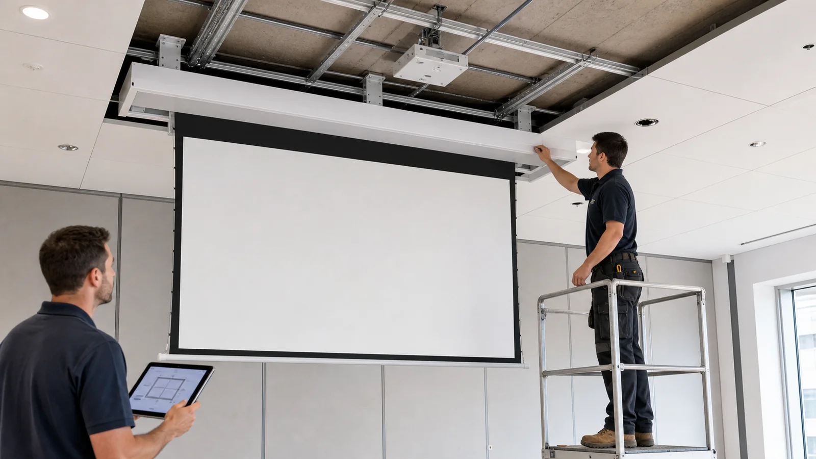 Installer checking recessed projection screen dimensions and ceiling clearance