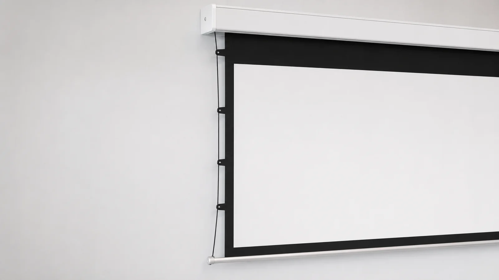 Close-up of a tab-tension projection screen cable and tensioning tab