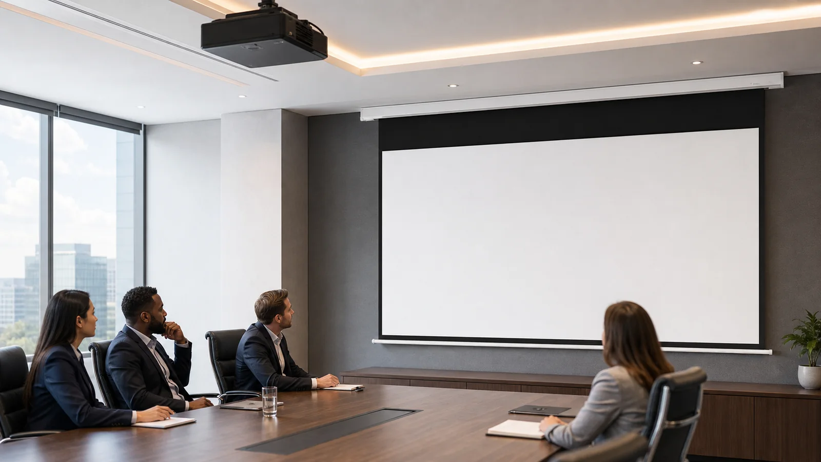 Standard electric projection screen on a white background