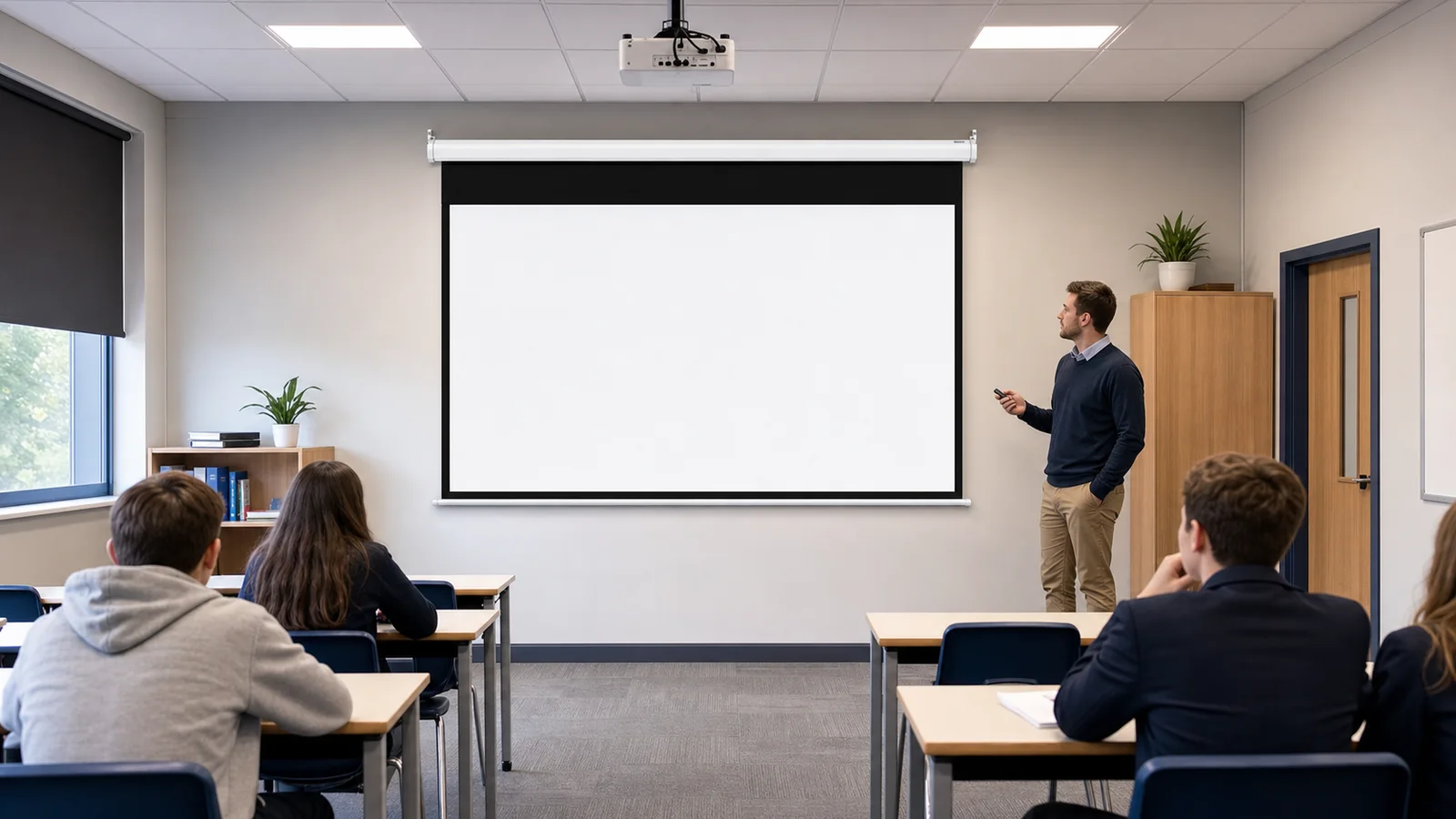 Teacher using a motorized projection screen in a modern classroom