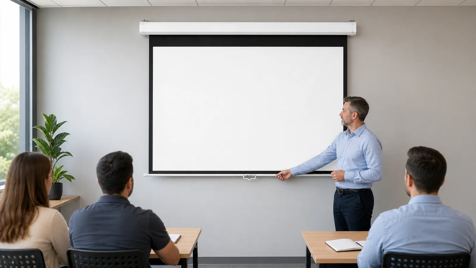 Instructor operating a manual pull-down projection screen in a training room