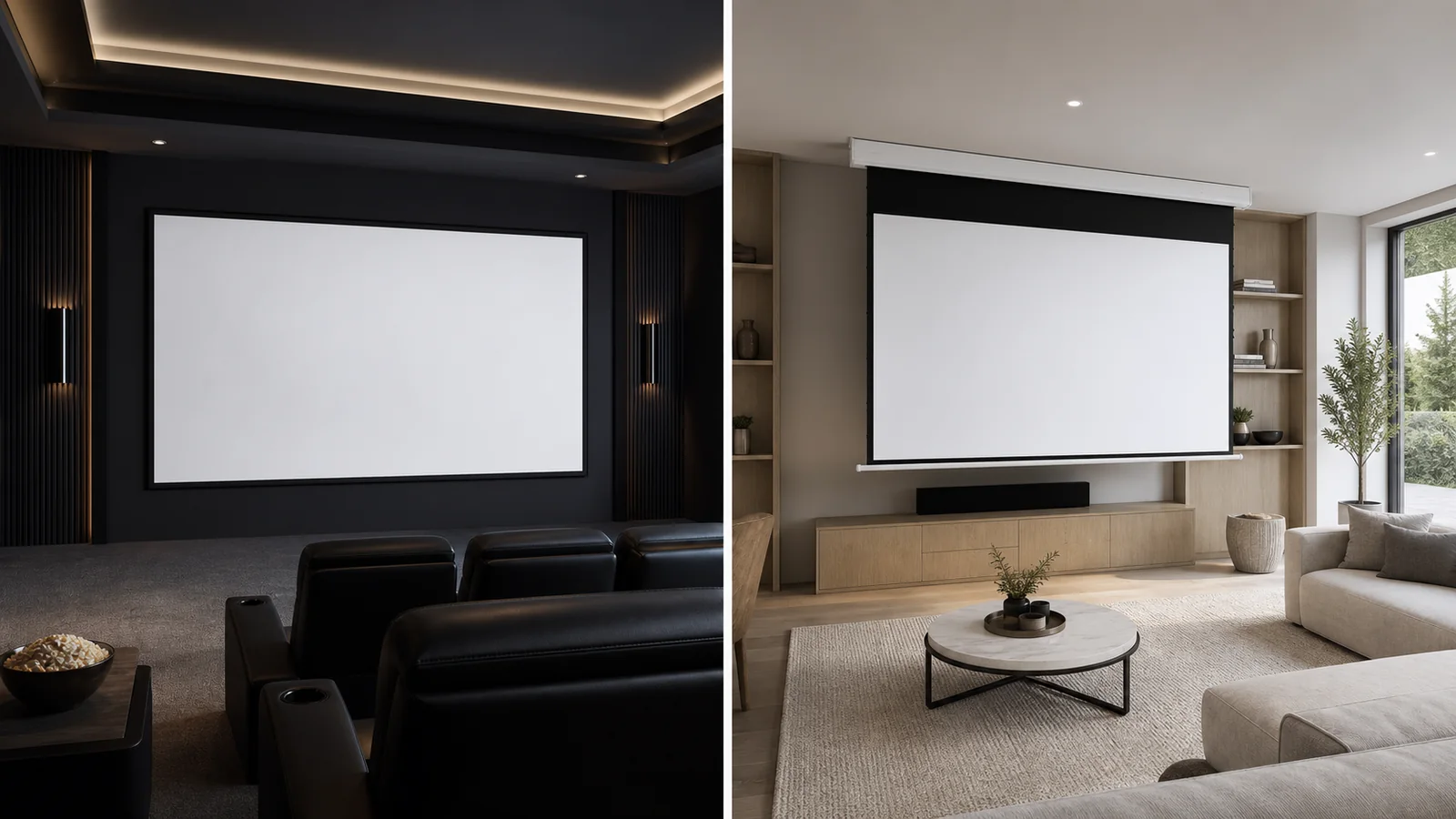 Fixed frame projection screen in a corporate training room