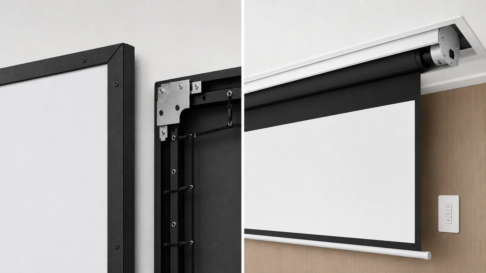 Fixed-frame screen tension detail and recessed motorized screen housing compared