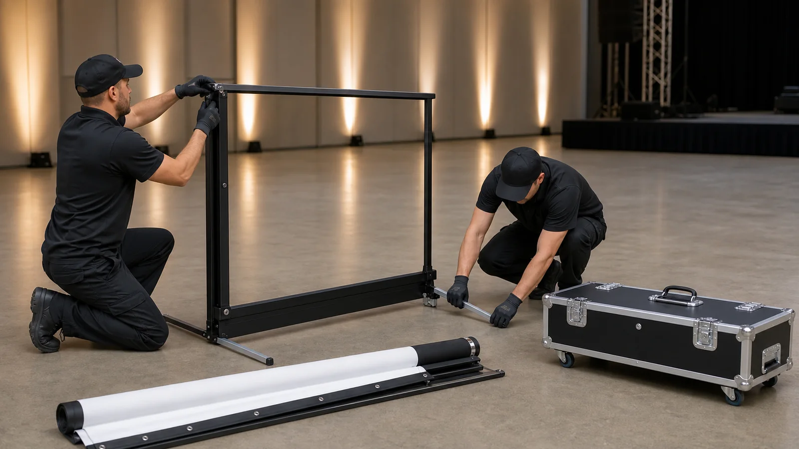 Event crew assembling a portable folding screen beside its flight case