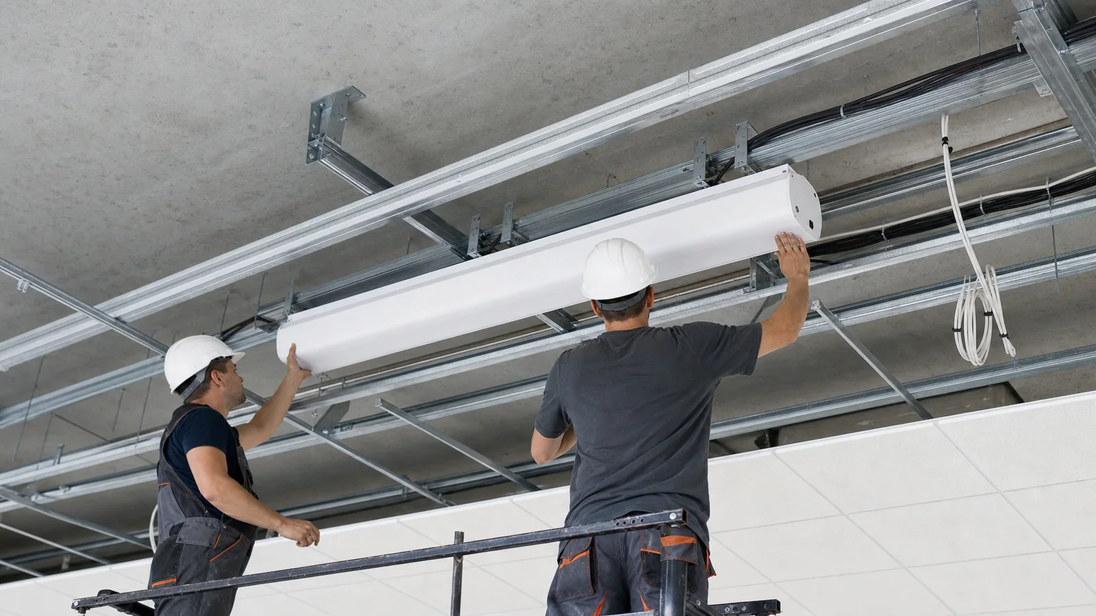 In-ceiling projection screen rough-in showing structural support power route and service access
