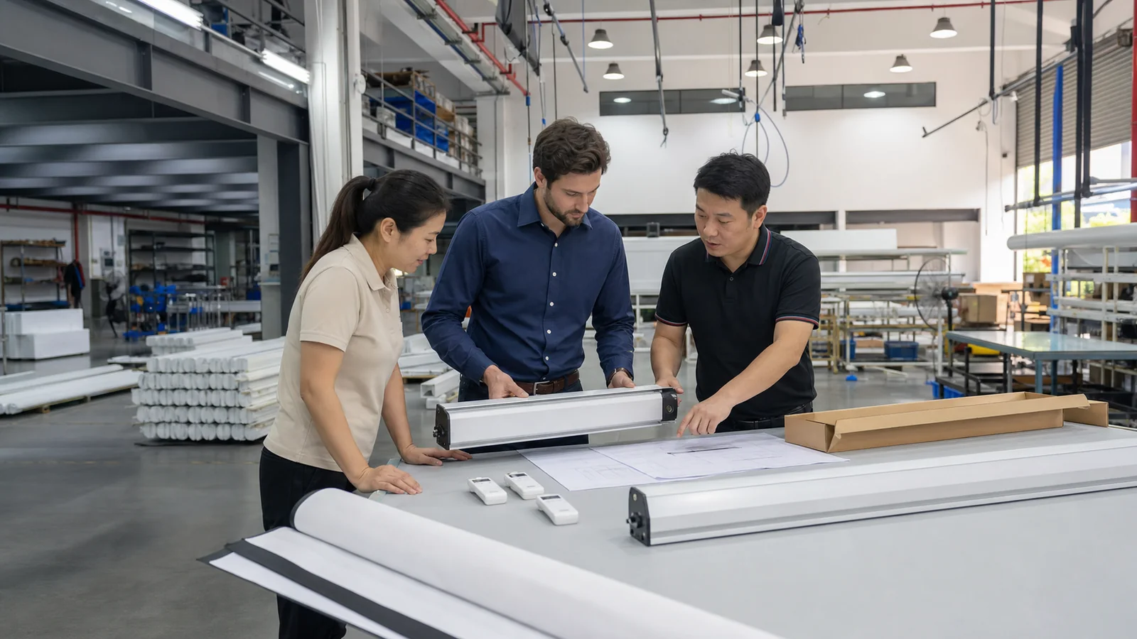 Distributor and projection screen factory team reviewing an OEM sample and specification sheet