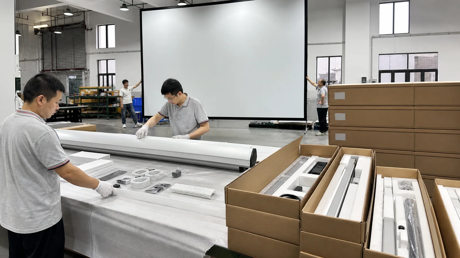 Projection screen quality inspection with approved labels accessories and export packaging