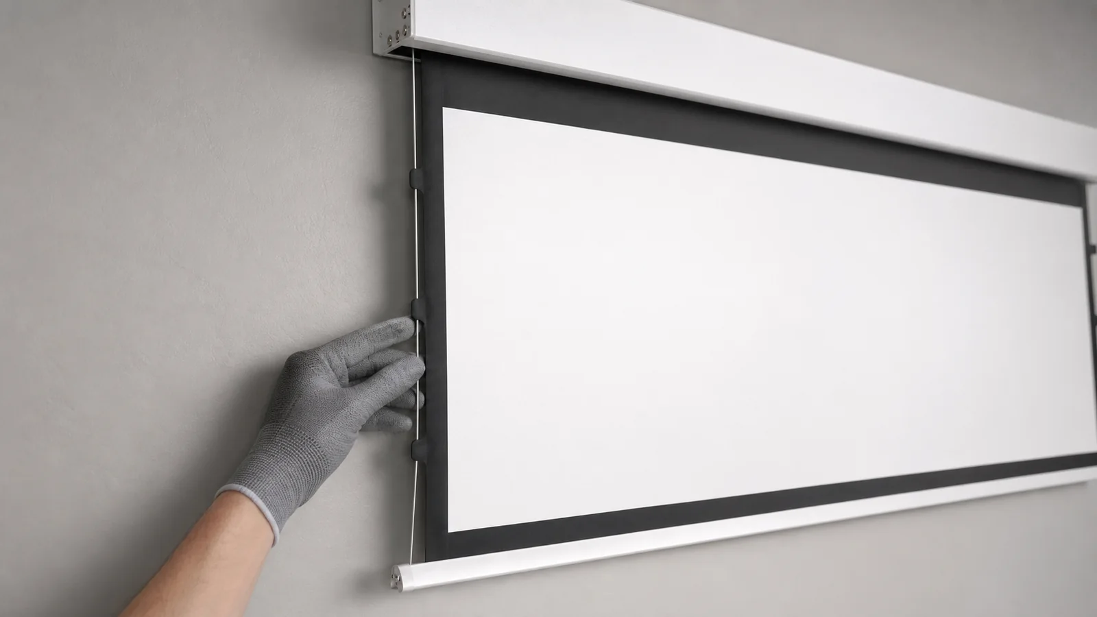 Close-up of side tension cable tabs and bottom bar controlling a projection screen surface