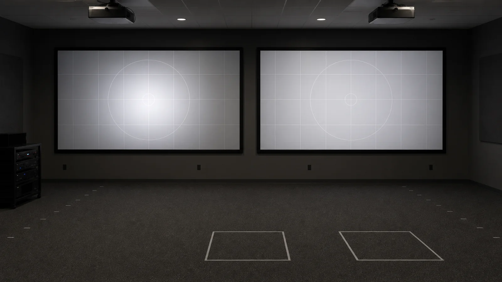 Hotspot and viewing cone demonstration comparing a high-gain surface with a matte white screen