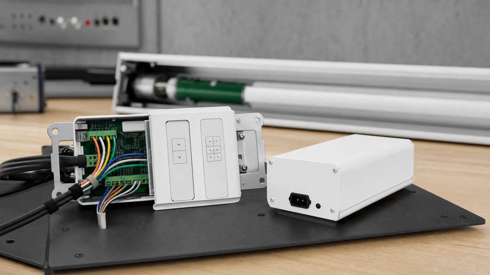 Low-voltage control wiring terminals and interface module for a motorized projection screen