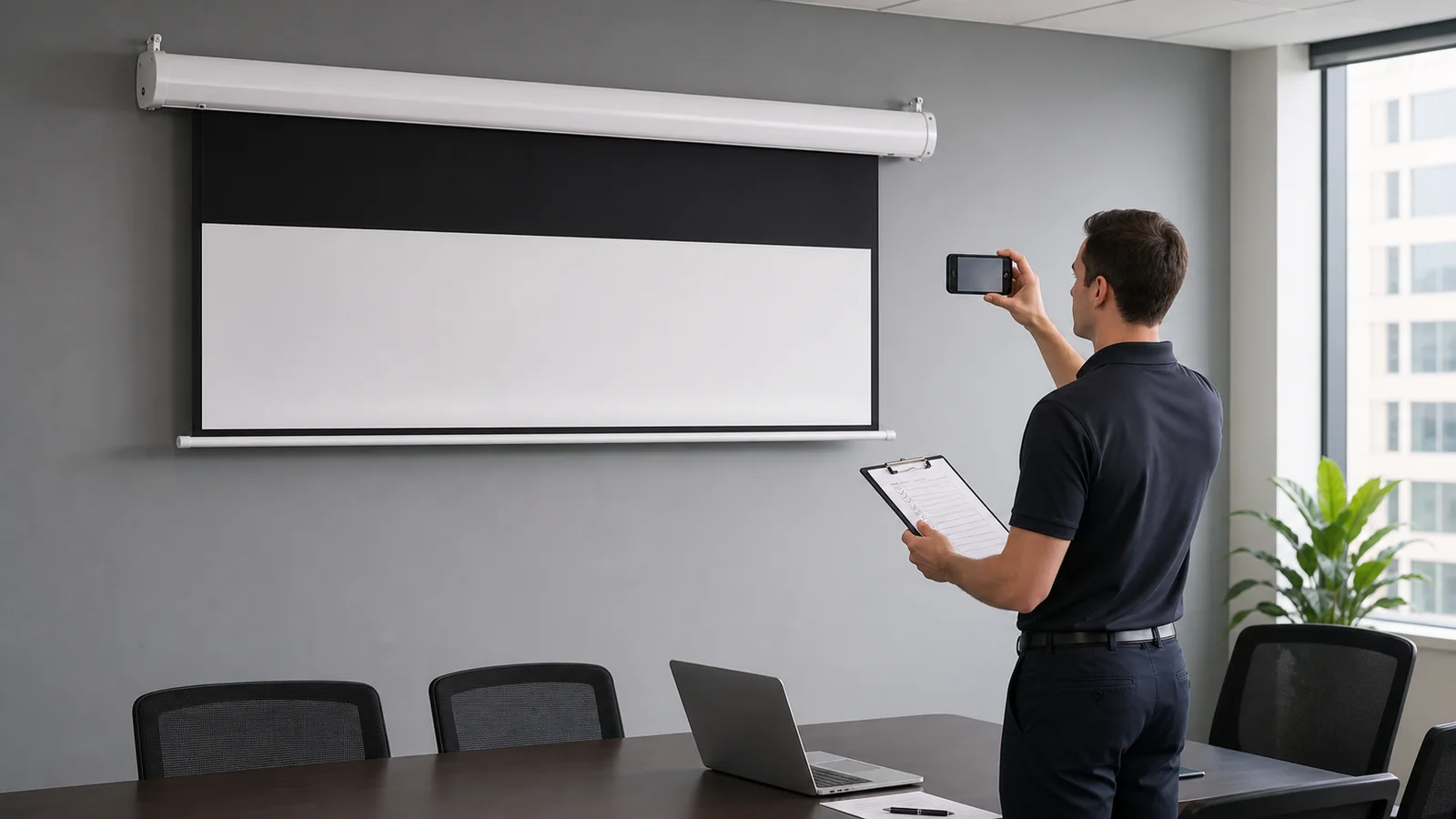 Technician documenting a motorized projection screen that stopped mid-travel in a meeting room