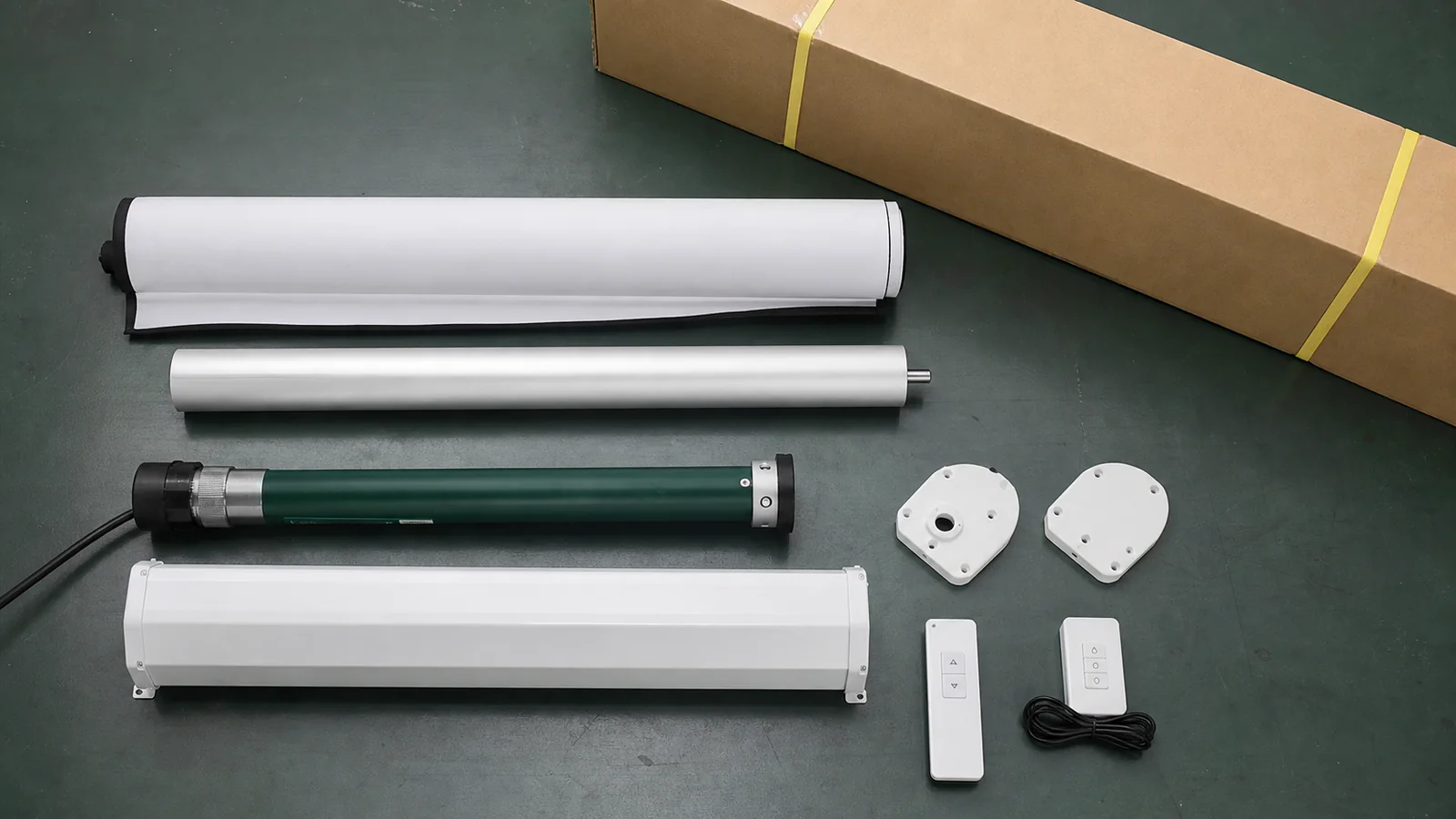 Projection screen components including surface material roller motor and housing laid out for cost review