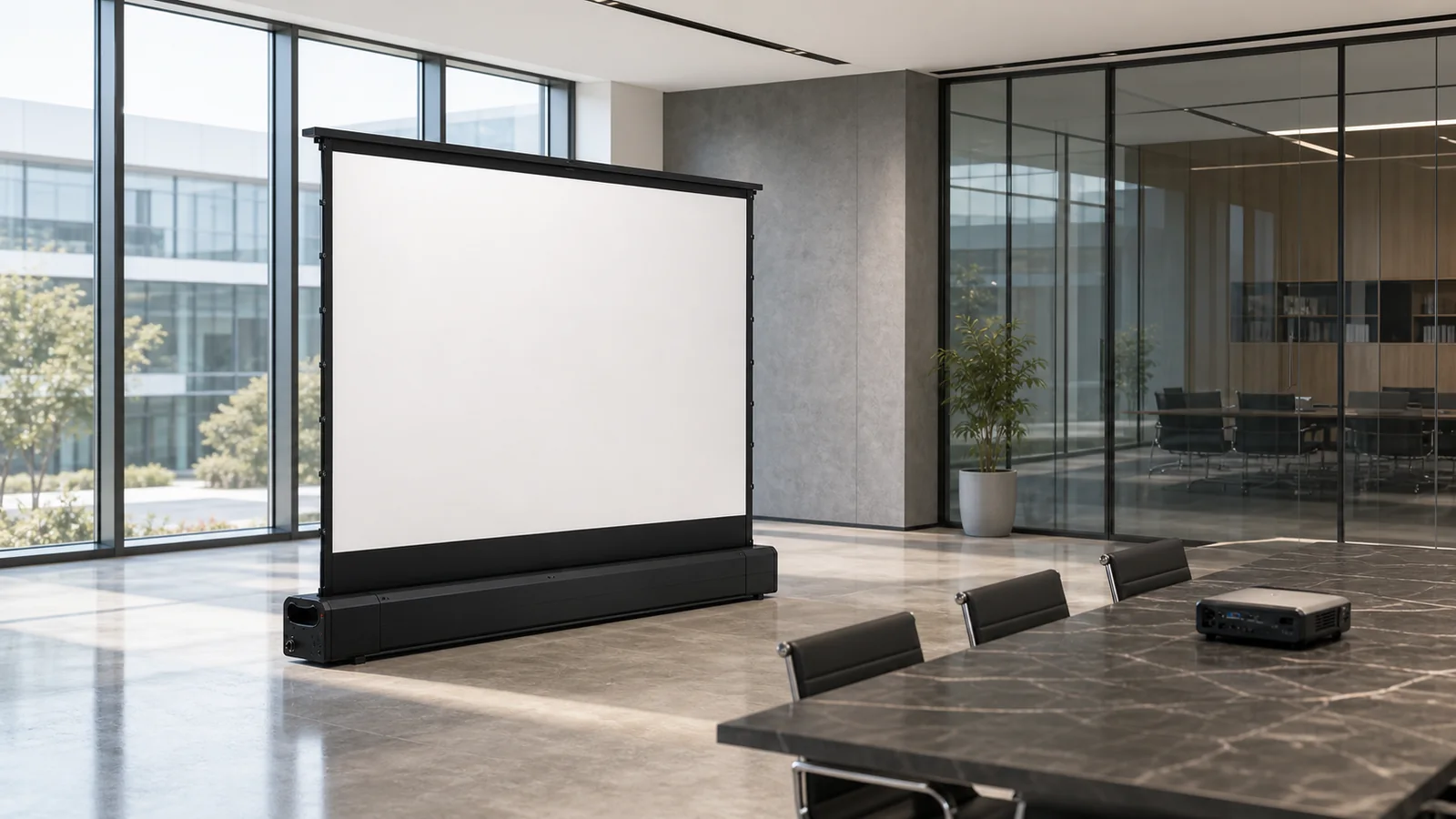 Floor-rising projection screen deployed in a glass-walled meeting room without ceiling mounting