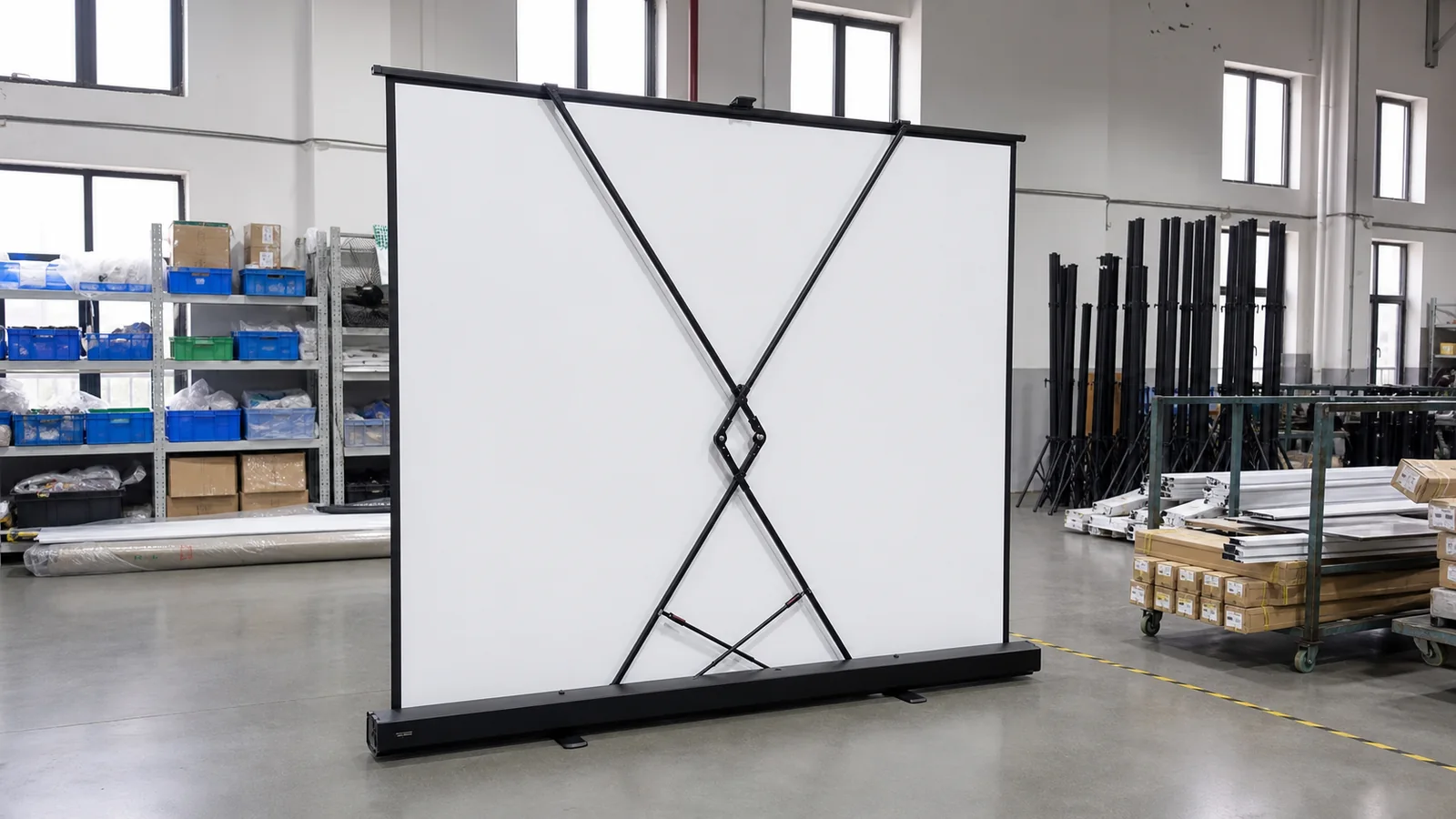 Floor housing and lifting mechanism supporting a risen projection screen surface