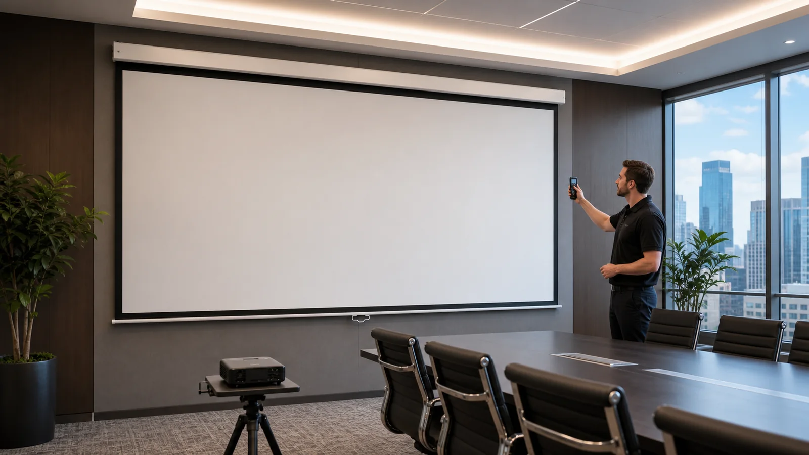 AV engineer checking projector throw distance and brightness against a conference room projection screen