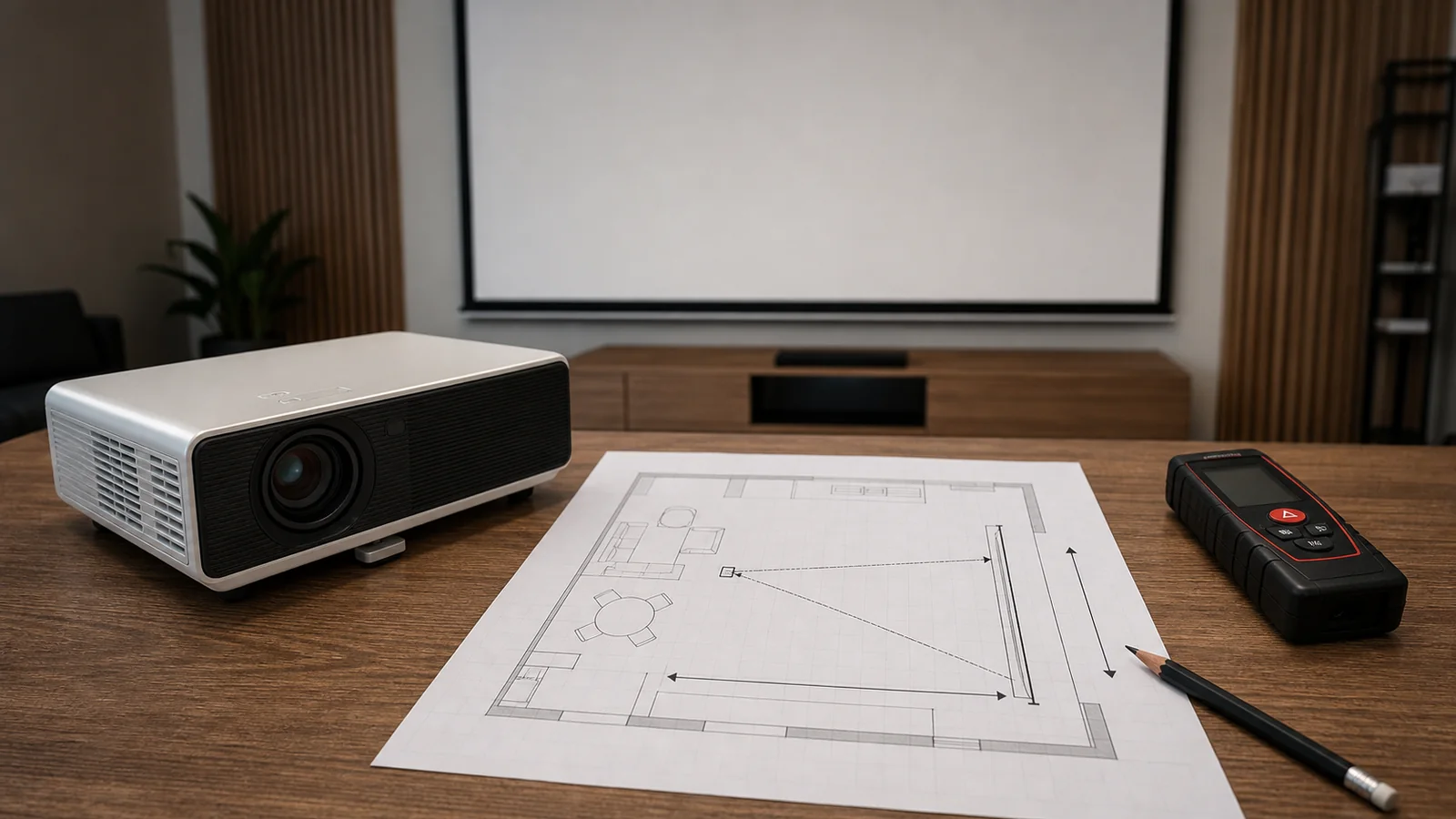 Throw ratio and image width planning diagram beside a projector and projection screen
