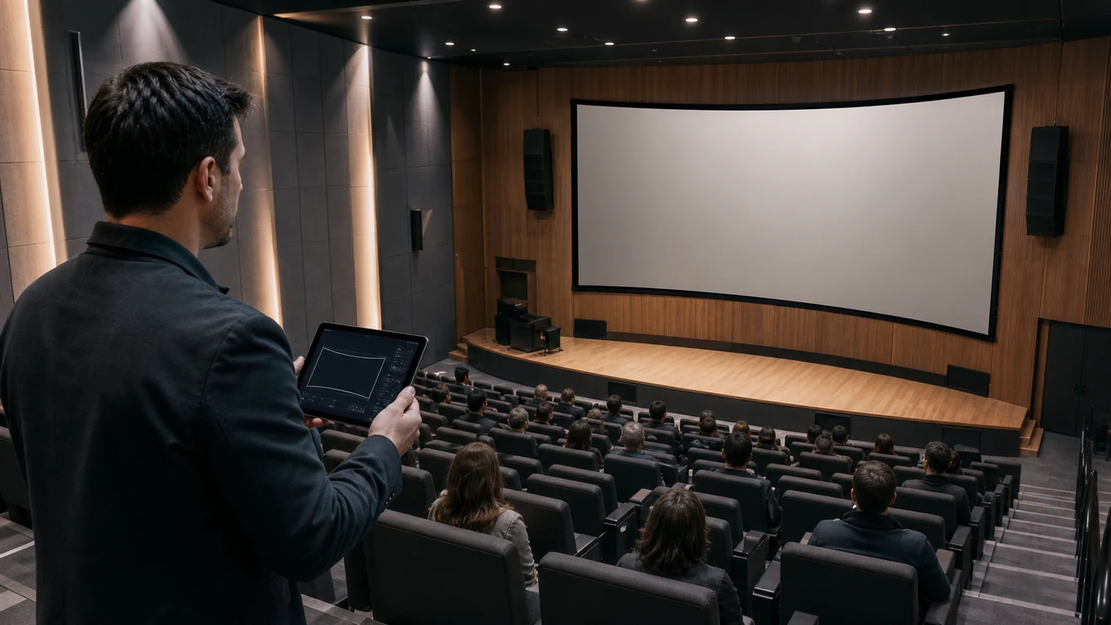 AV designer checking projection screen sightlines from rear and side seating in an auditorium