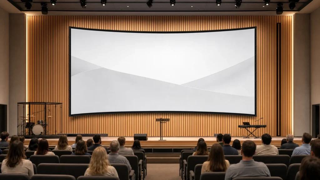 Large fixed frame projection screen displaying worship content in a modern church auditorium