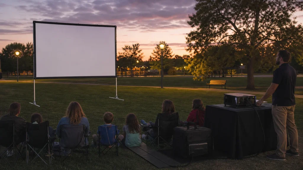 Portable outdoor projection screen set up for a supervised community movie night