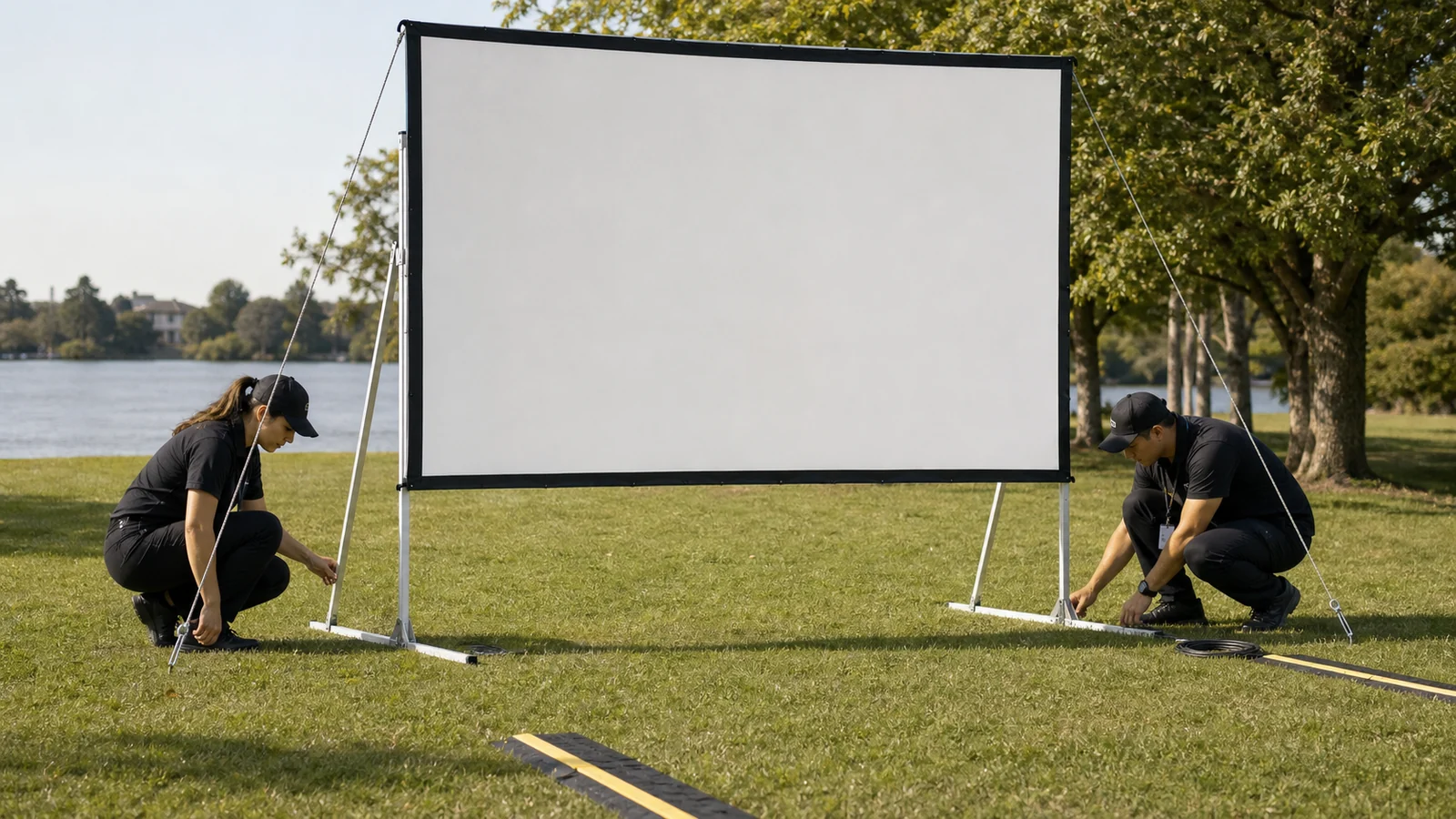 Event crew checking guy ropes ground stakes and a clear safety perimeter around an outdoor screen