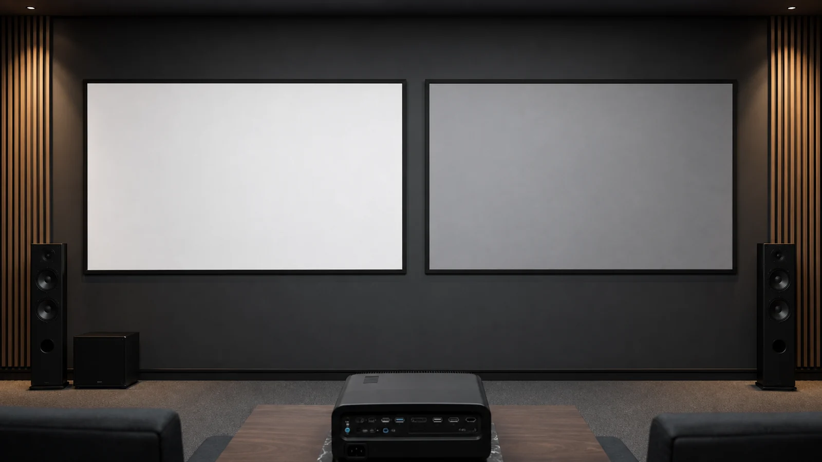 Matte white and grey projection screen samples compared in the same controlled demo room