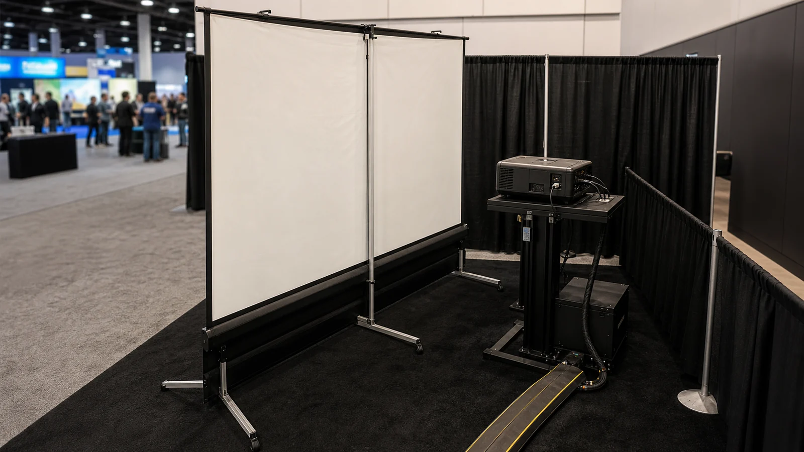 Protected backstage area showing projector throw space behind a tensioned rear projection screen