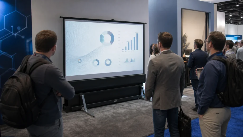 Rear projection screen in an exhibition space with projector equipment concealed backstage