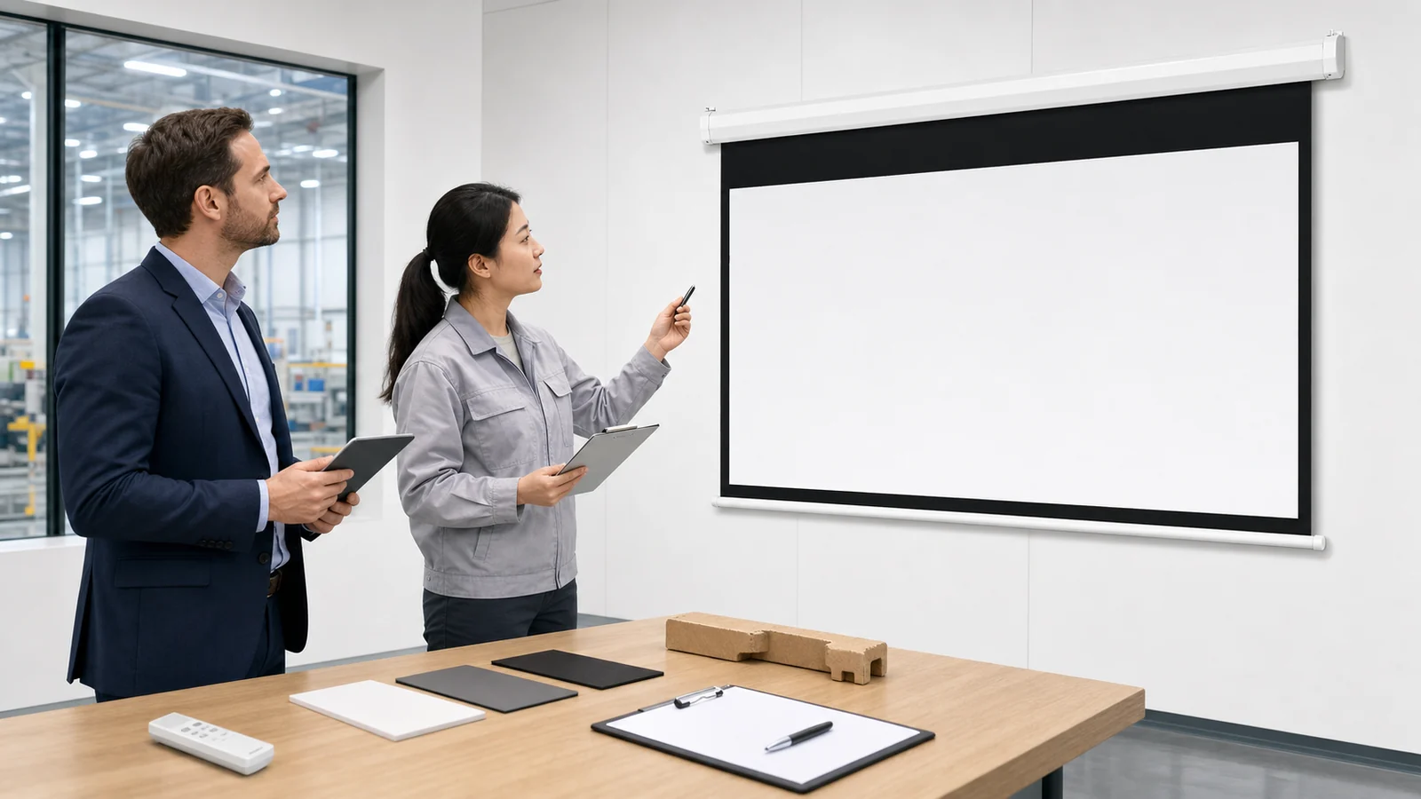 Distributor and factory engineer inspecting an OEM projection screen sample