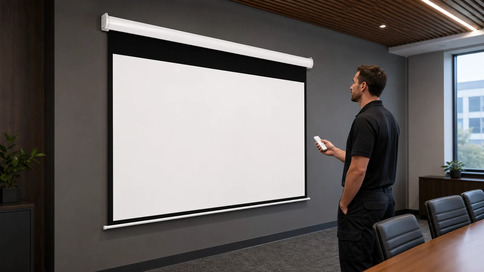 AV technician observing motorized projection screen travel during safe commissioning
