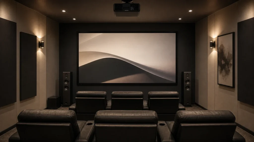 Fixed frame projection screen in a dedicated home theater