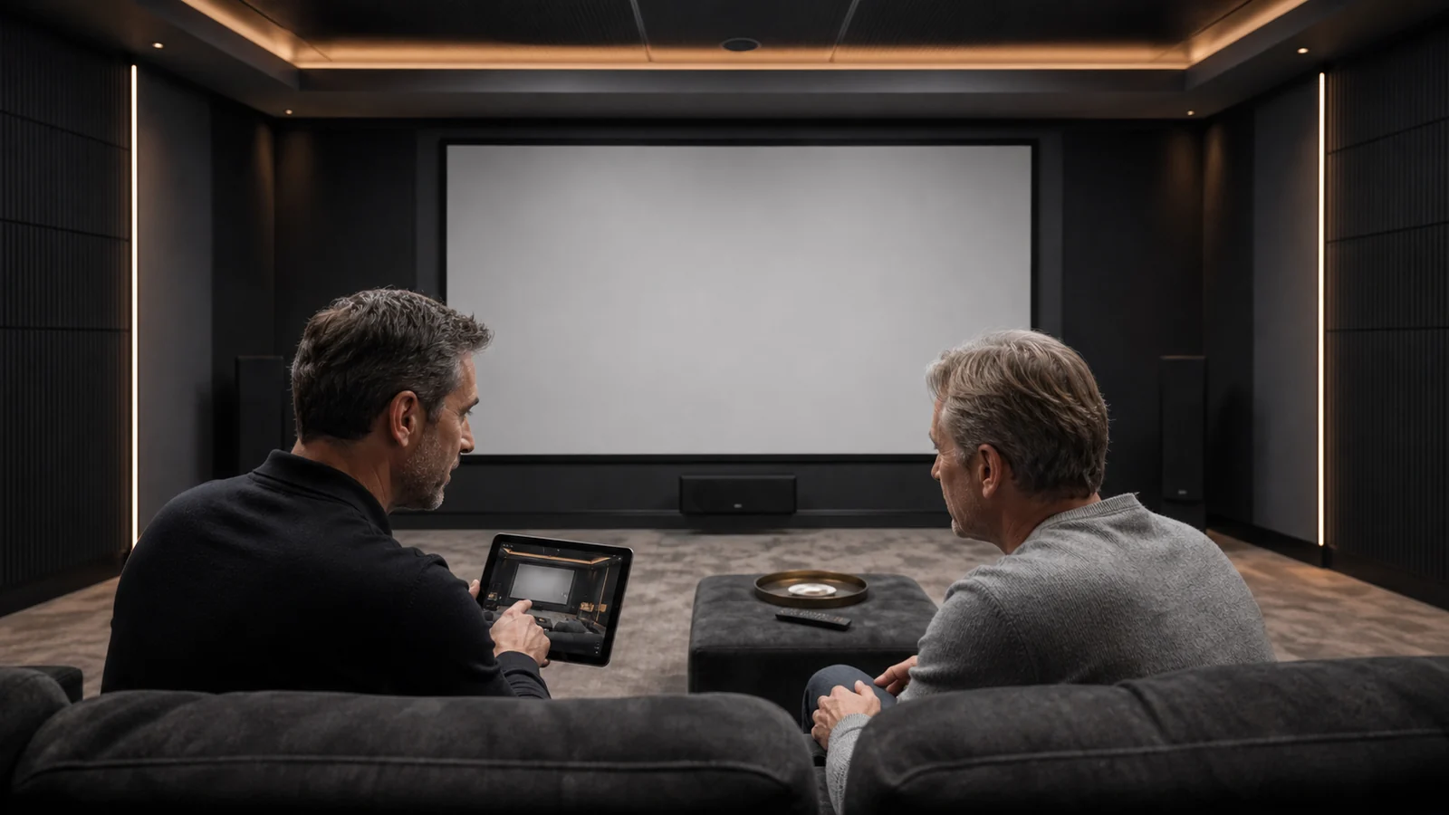 Home theater screen planning with projector seating and speakers