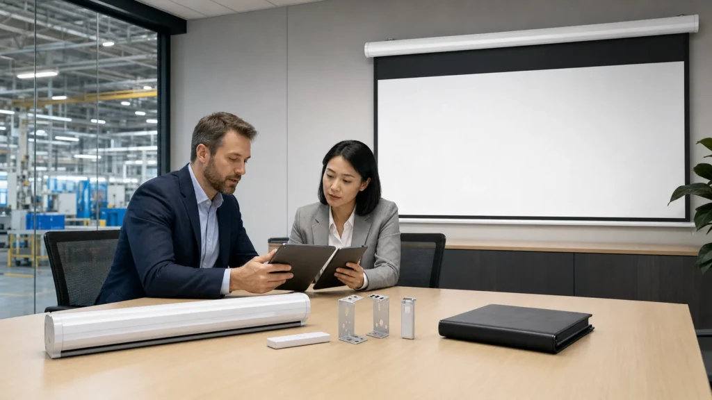 Buyer reviewing projection screen compliance documents by model