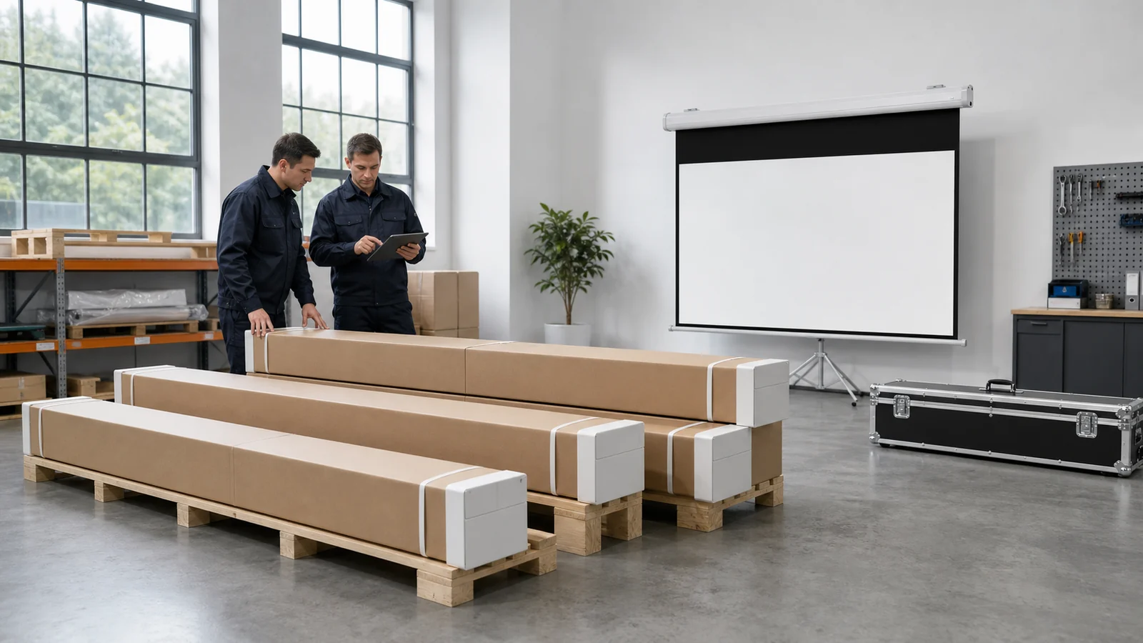 Long projection screen cartons prepared for OEM export shipping
