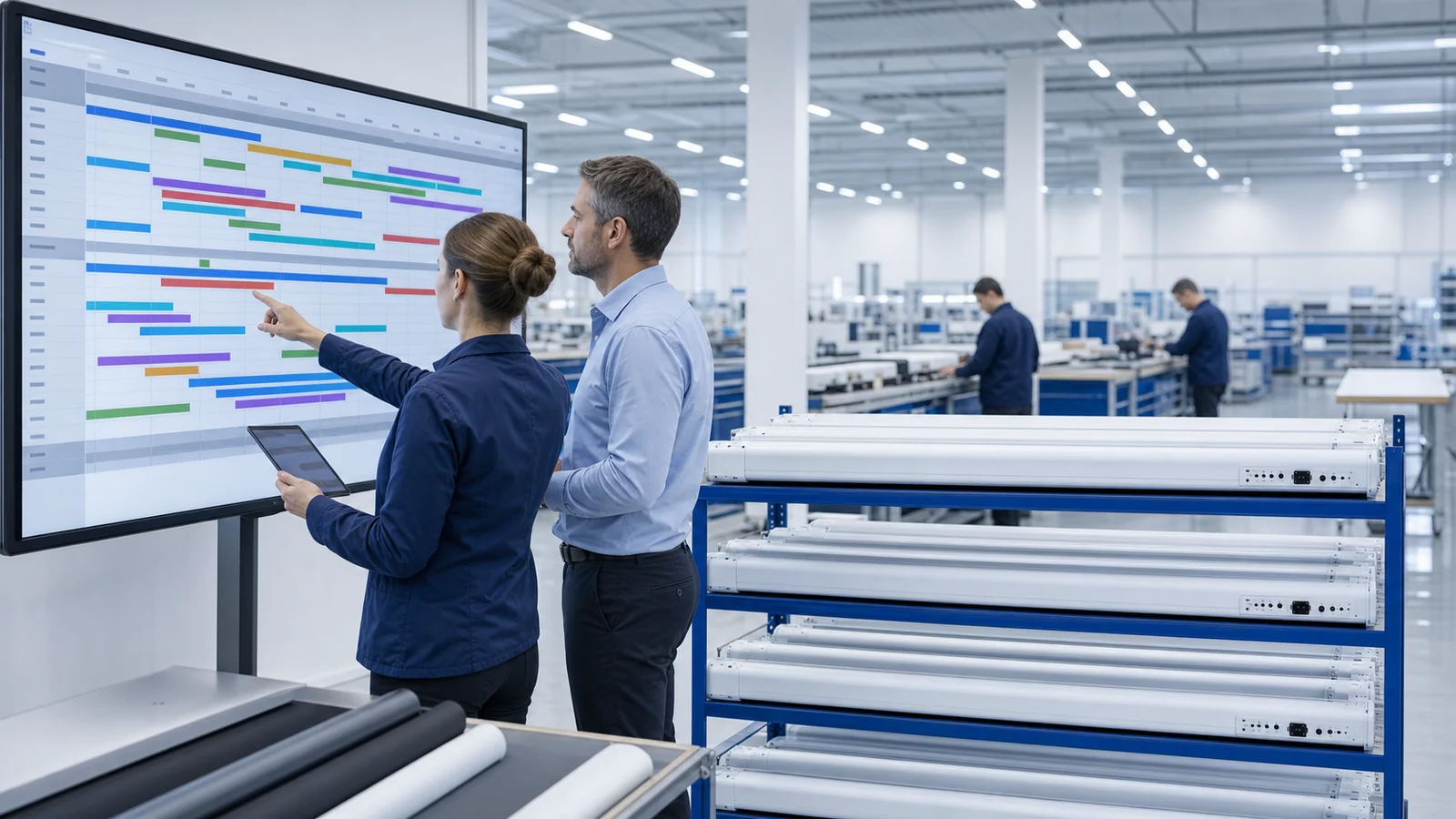Projection screen factory team reviewing an OEM production schedule