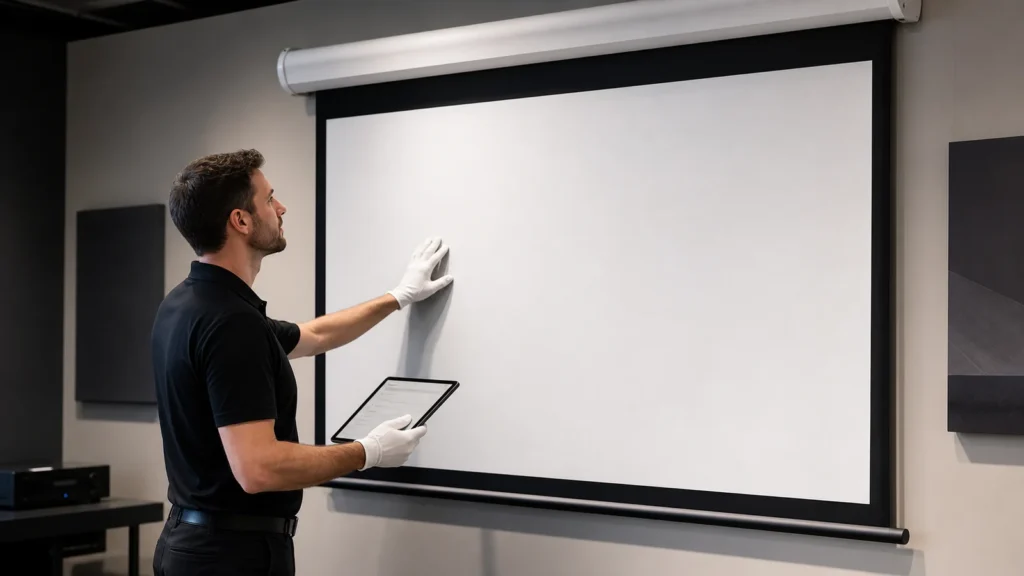 Technician inspecting projection screen fabric before cleaning