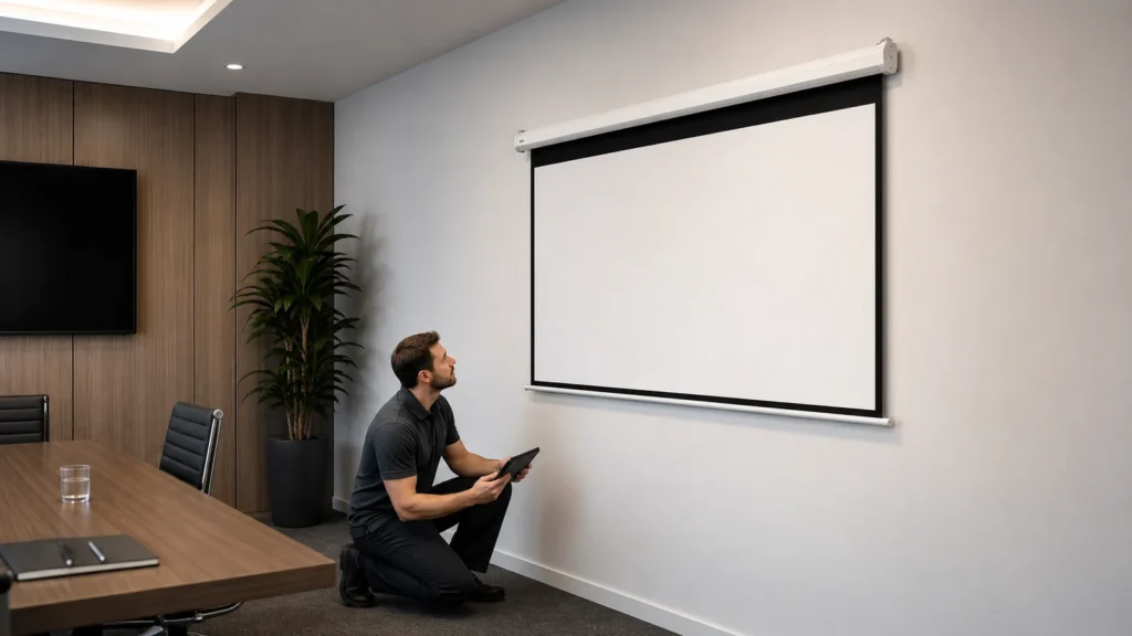 Technician performing an external motorized projection screen inspection