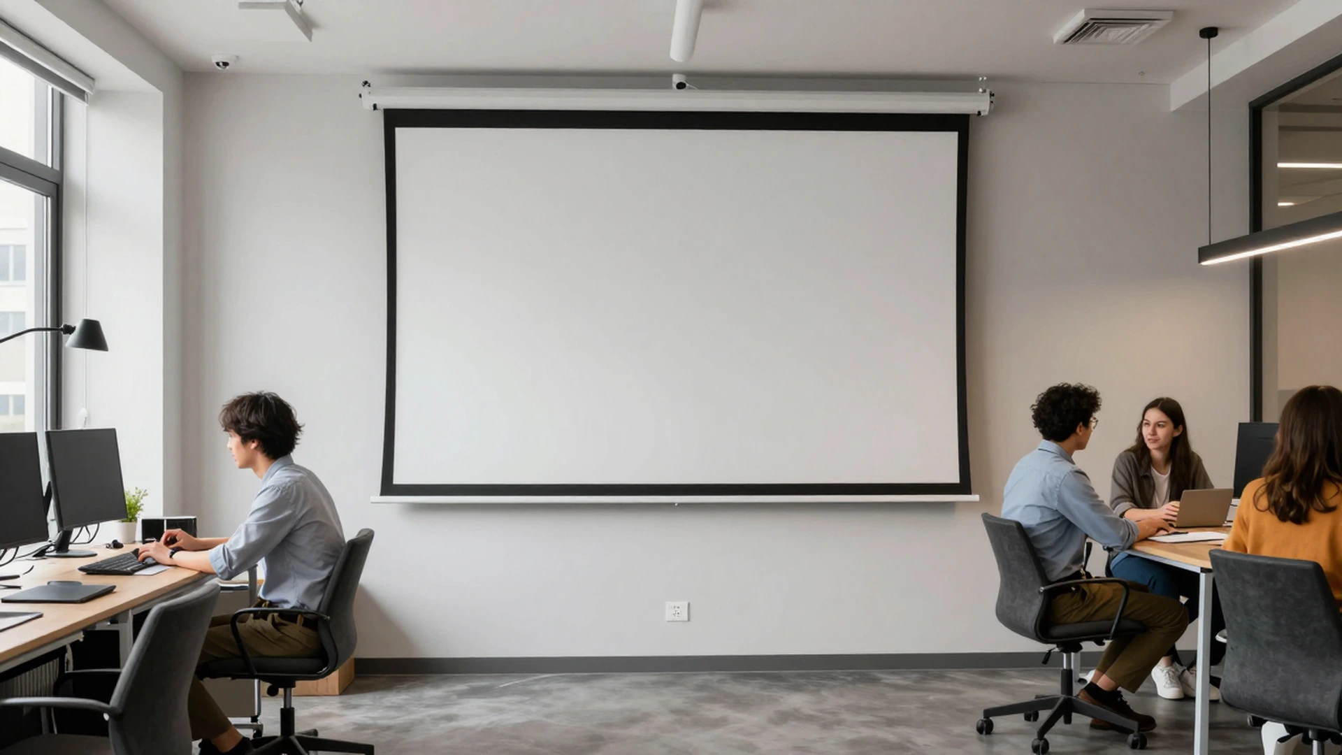 Economic fixed frame projection screen in a small business office