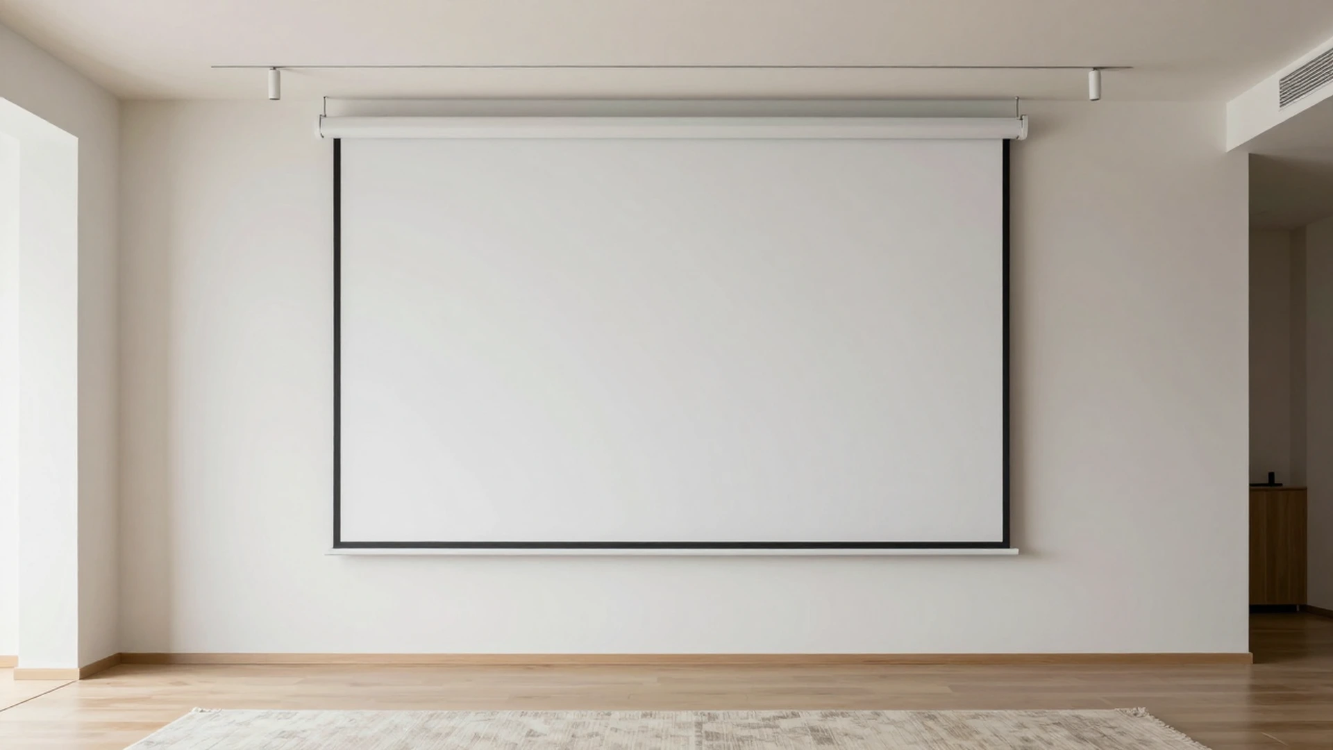 Full-screen fixed frame projection screen in an art gallery-style home