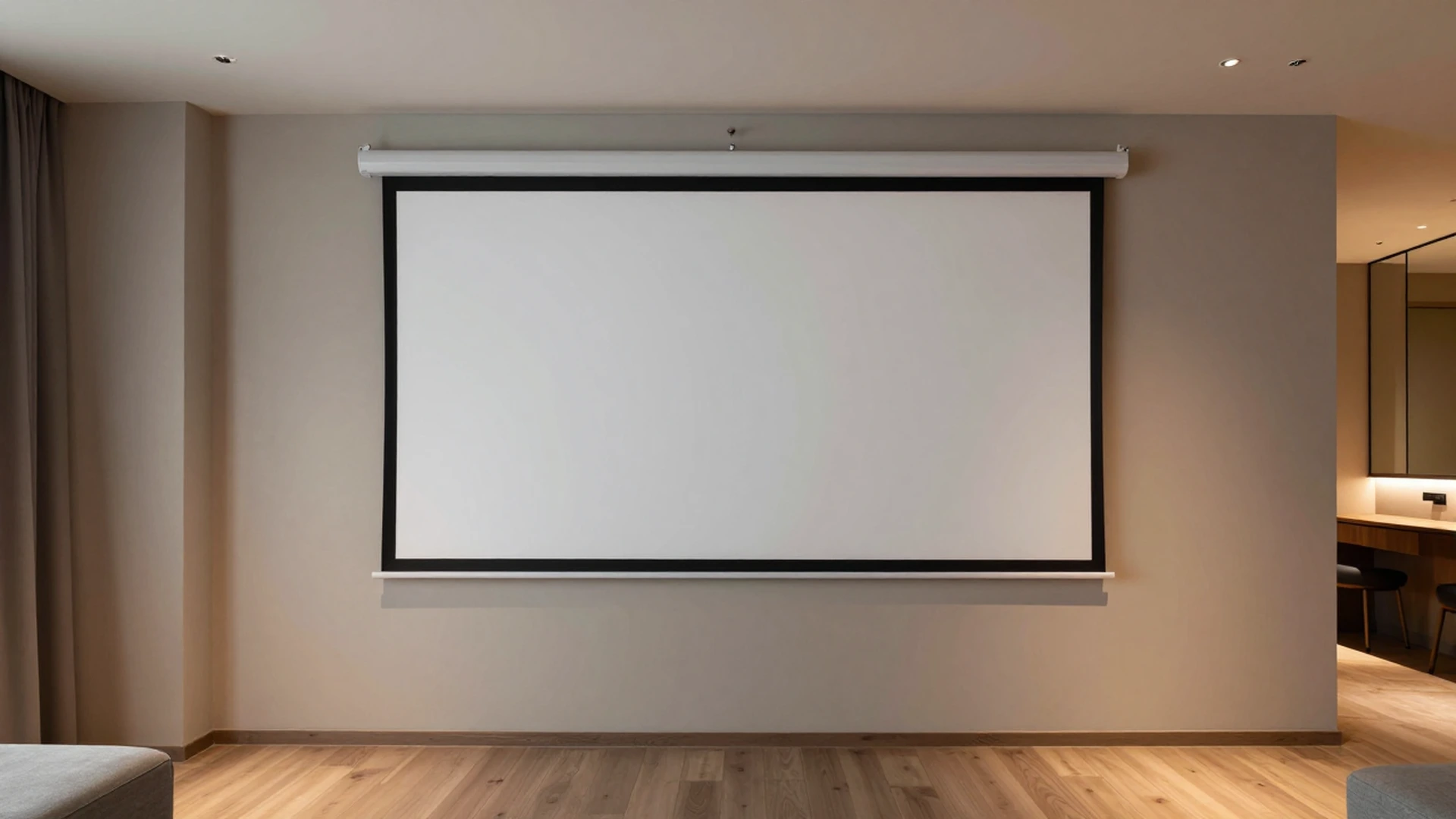 Full-screen fixed frame projection screen in a boutique hotel suite