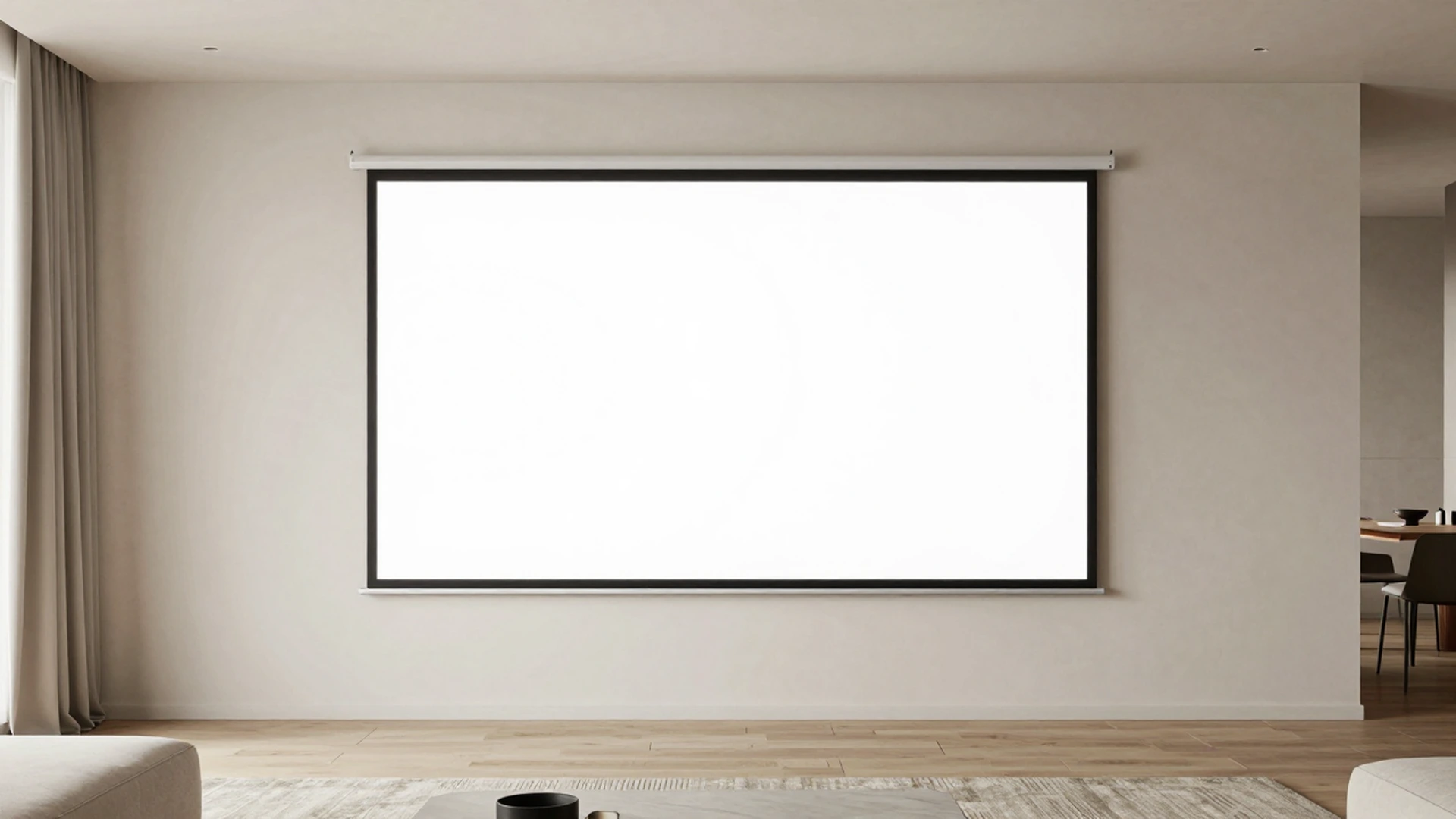 Full-screen fixed frame projection screen in a minimalist designer living room