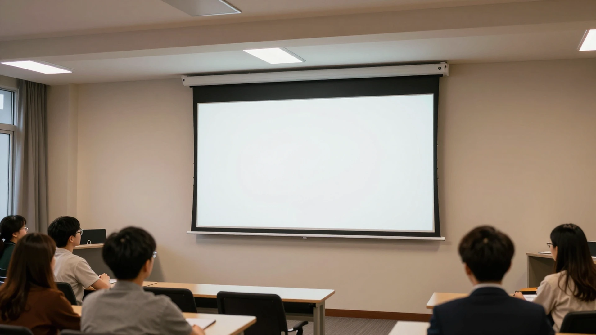 Hexagonal manual self-lock projection screen in an adult education night class