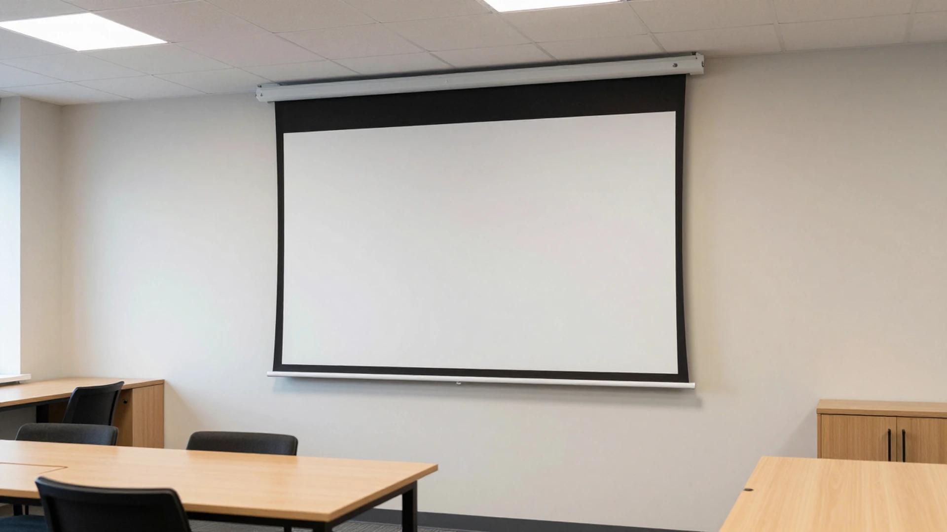 Hexagonal manual self-lock projection screen in a nonprofit training room