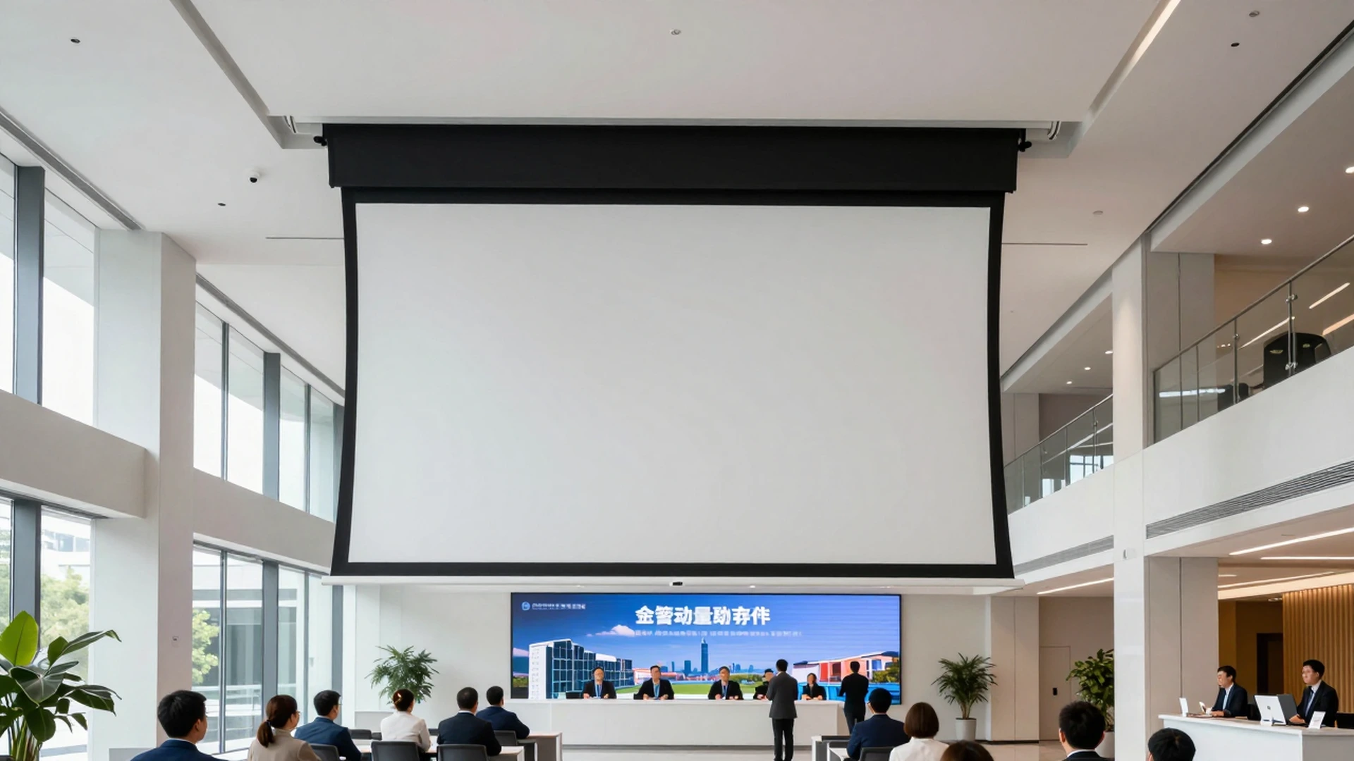 Hexagonal tab-tension electric projection screen in a corporate headquarters atrium