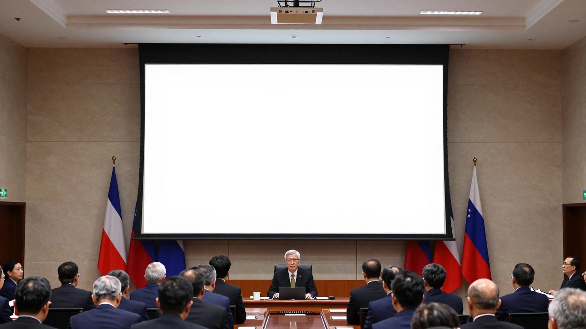 Hexagonal tab-tension electric projection screen in a government briefing room