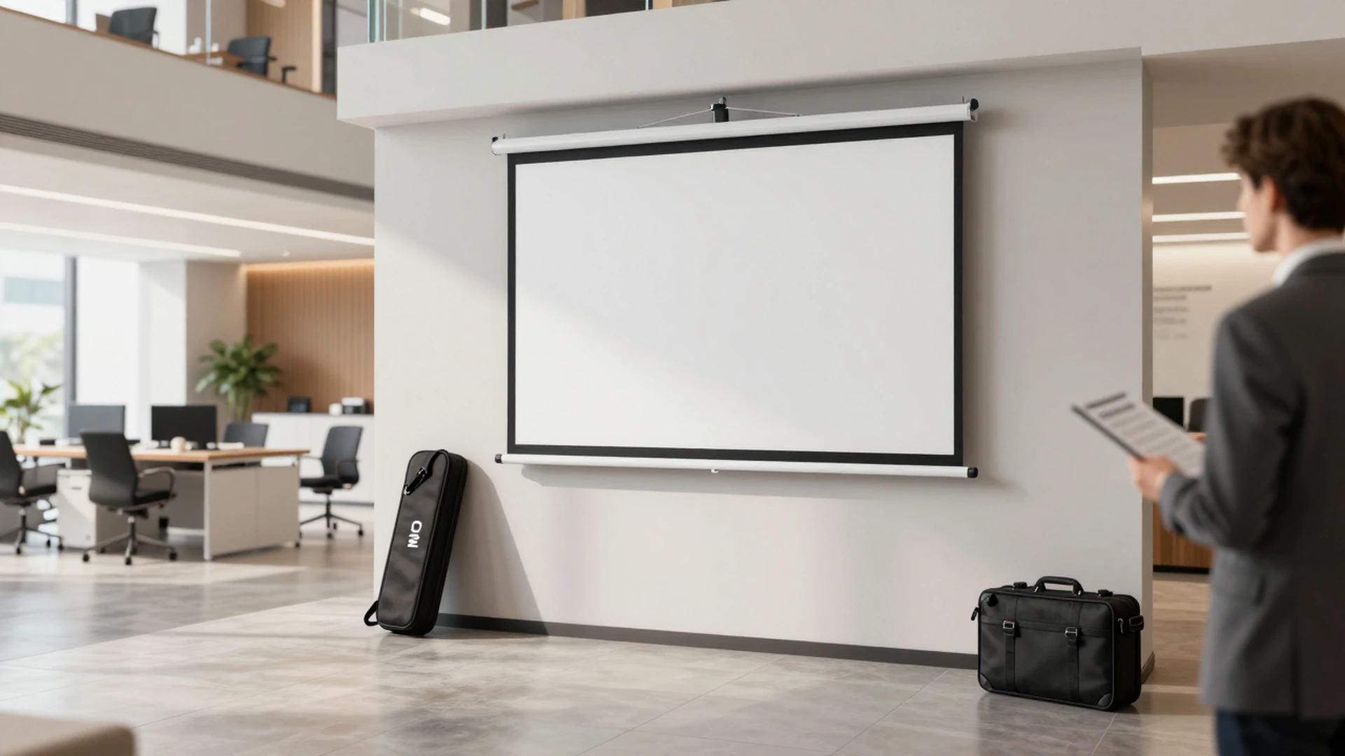 Manual floor pull-up projection screen at a pop-up sales demonstration