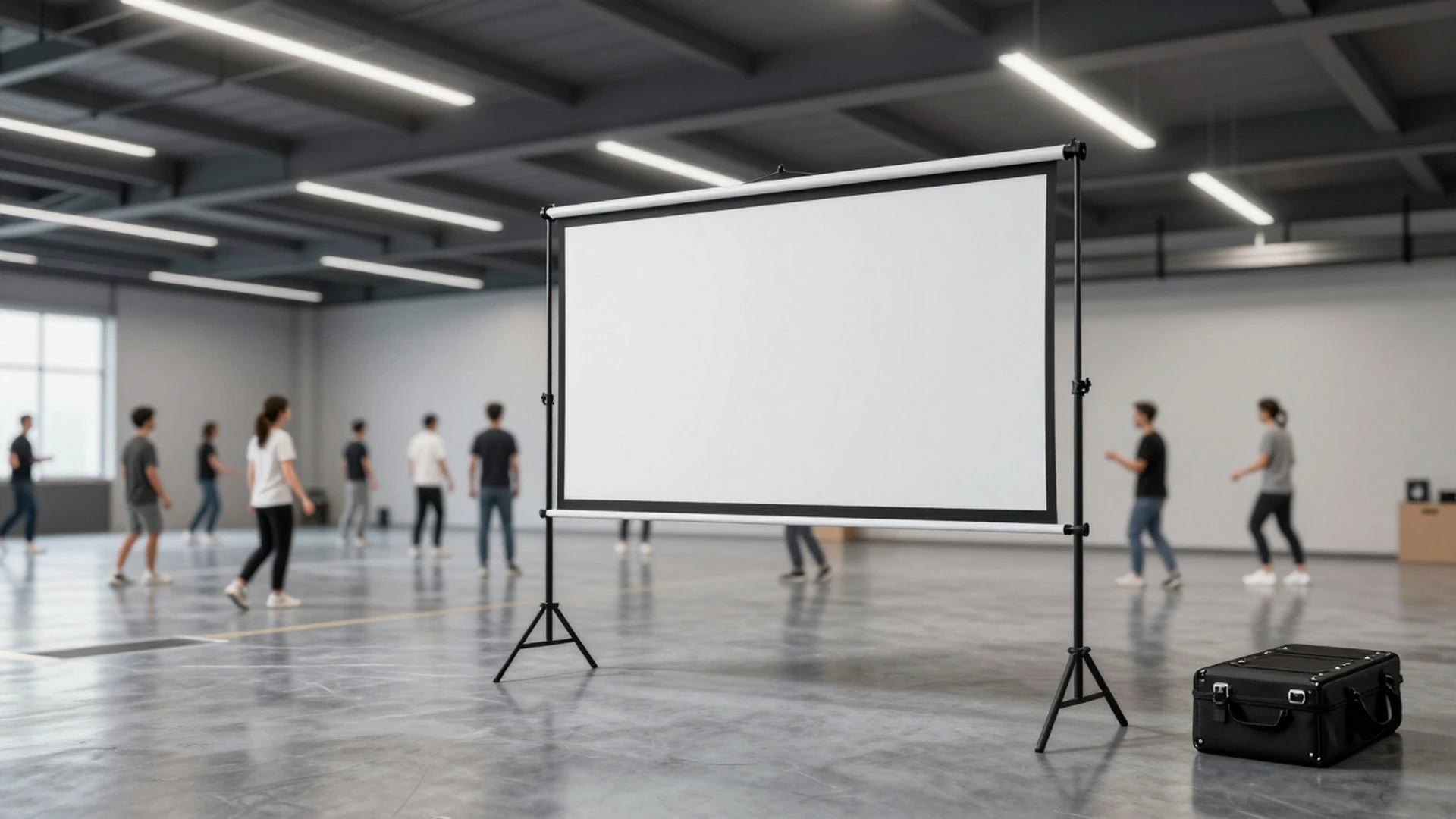 Manual floor pull-up projection screen at a pop-up training session