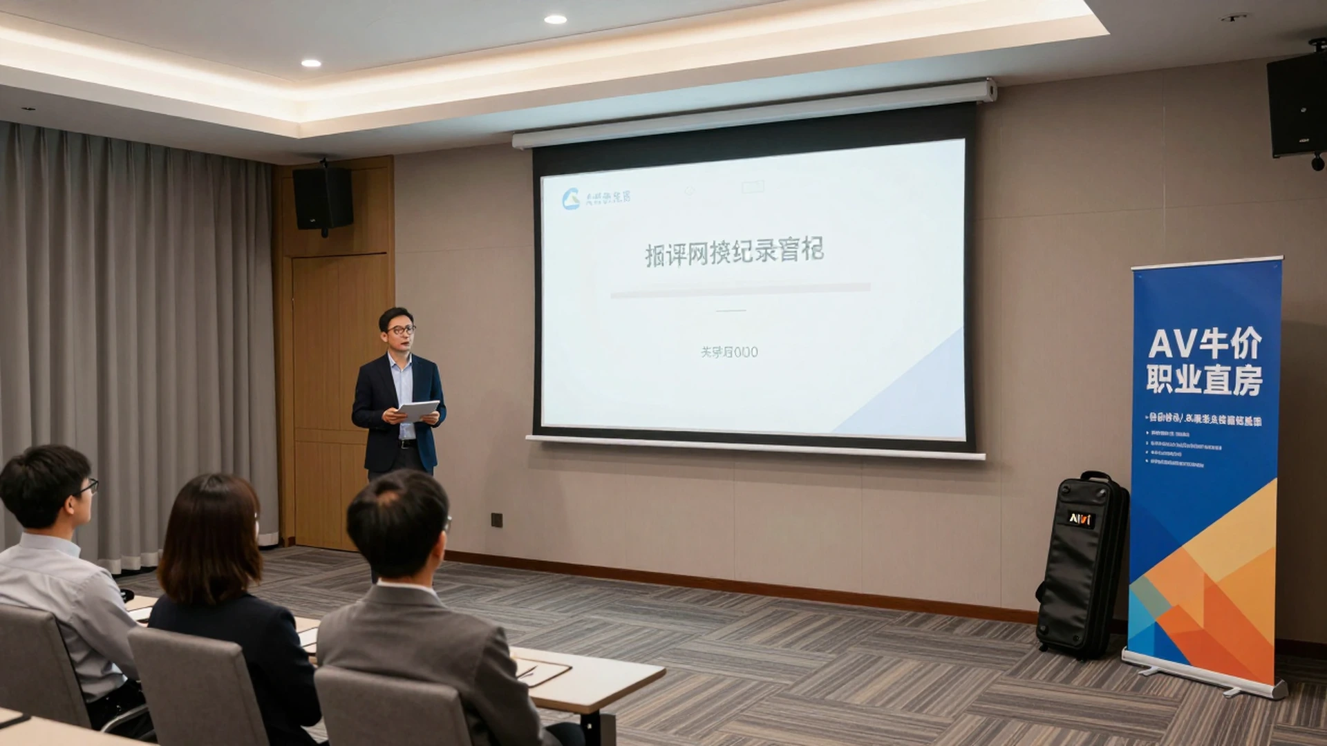 Manual floor pull-up projection screen used for a traveling lecturer seminar