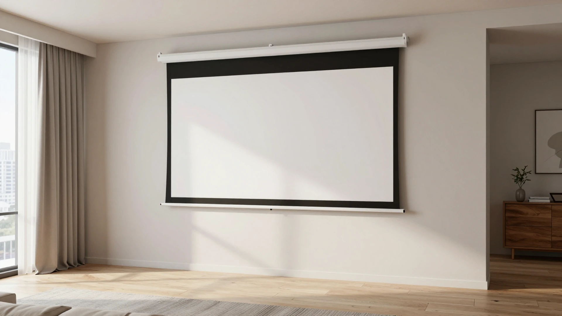 Octagonal manual self-lock projection screen in a compact apartment living room