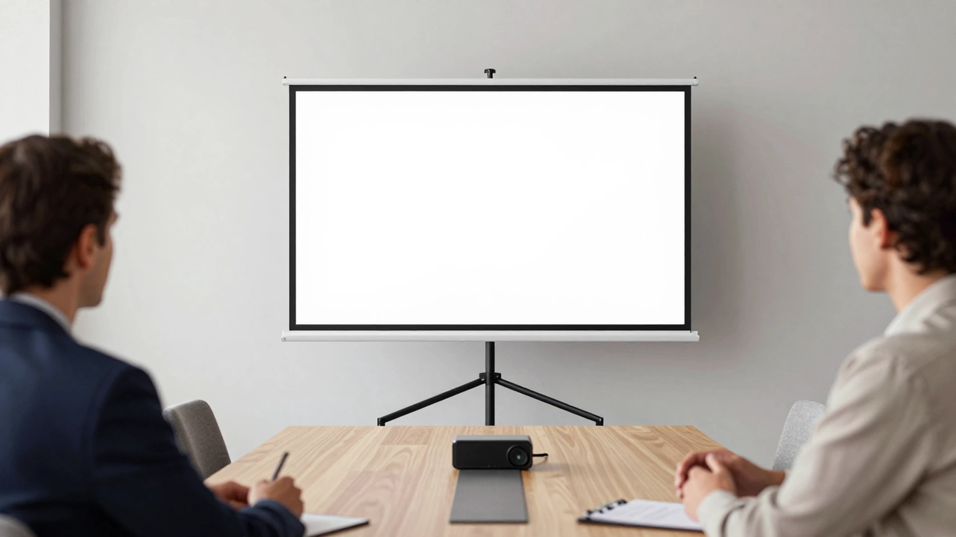 Portable desktop pull-up projection screen during a one-on-one sales presentation