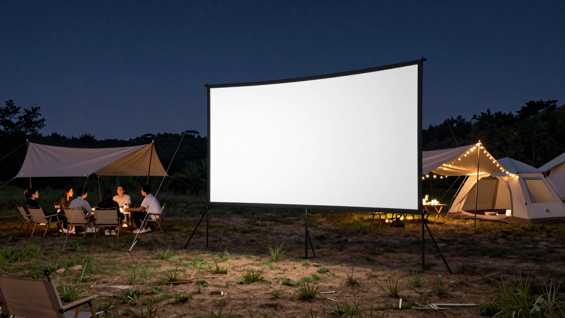 Portable outdoor projection screen at a camping festival screening